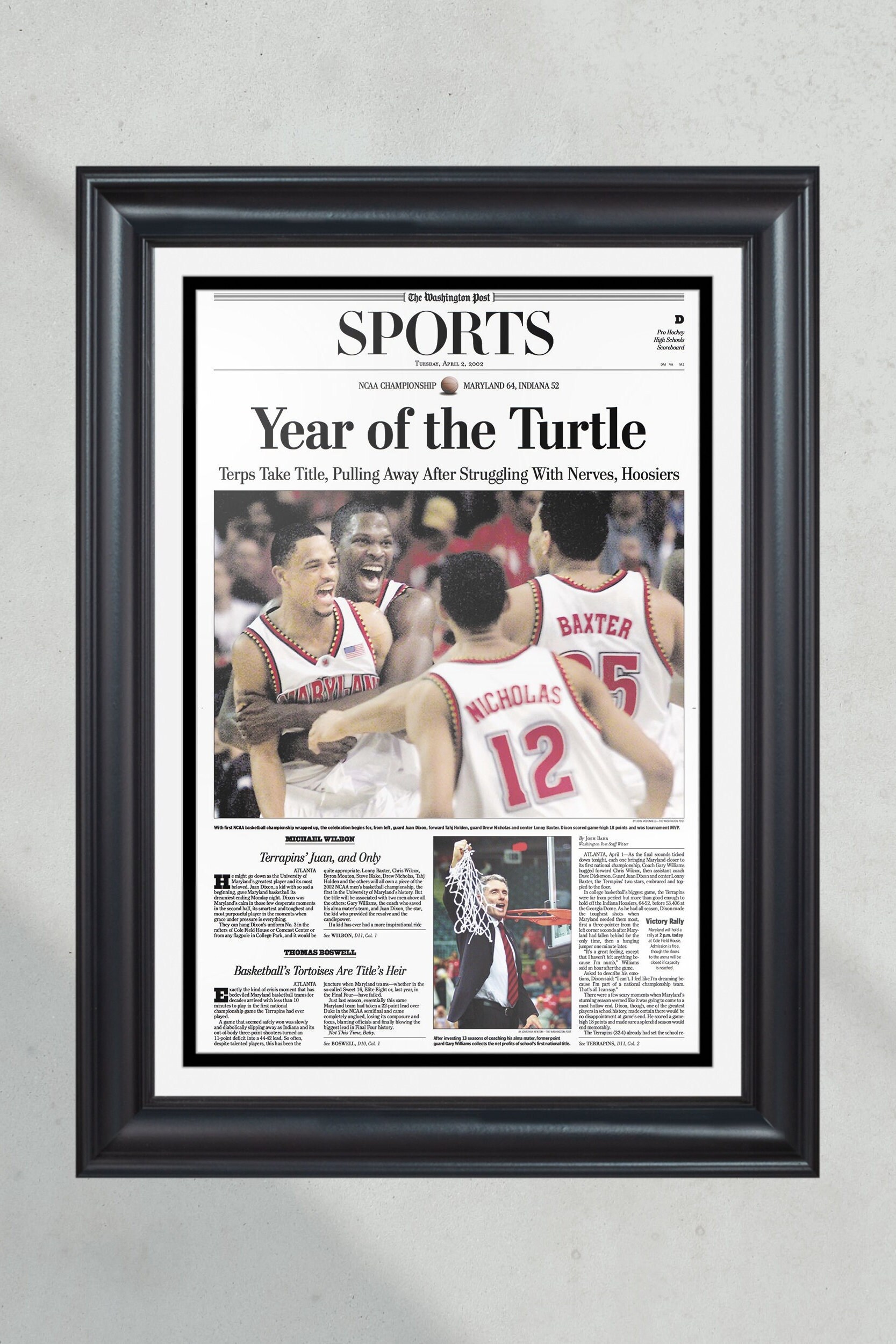 2002 Maryland Terrapins NCAA College Basketball Champions "Year of the Turtle" Framed Front Page Newspaper PT61038