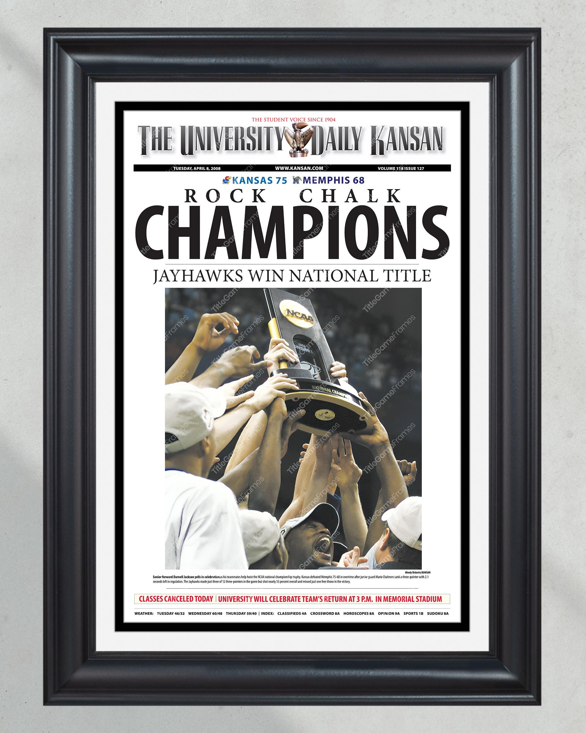 2008 Kansas Jayhawks Rock Chalk 'CHAMPIONS' Mens Basketball Framed Newspaper PT60235