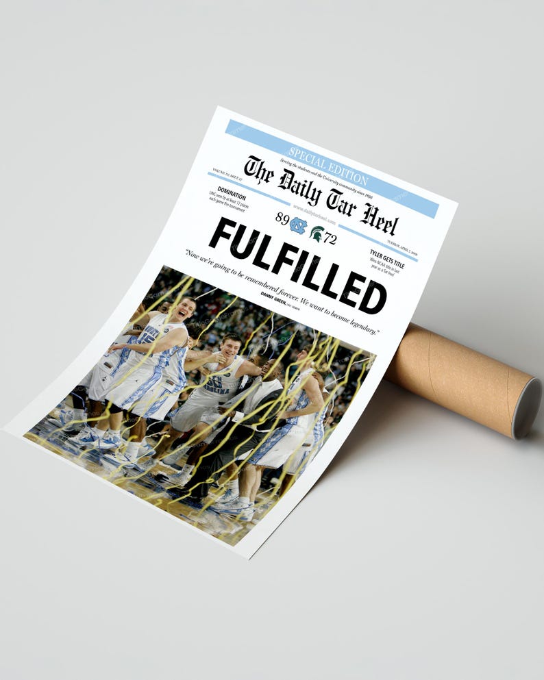 May include: A newspaper headline reads "FULFILLED" with the score of a basketball game, 89 to 72, and the text "Now we're going to be remembered forever. We want to become legendary." A photo of a basketball team celebrating their victory is below the headline.