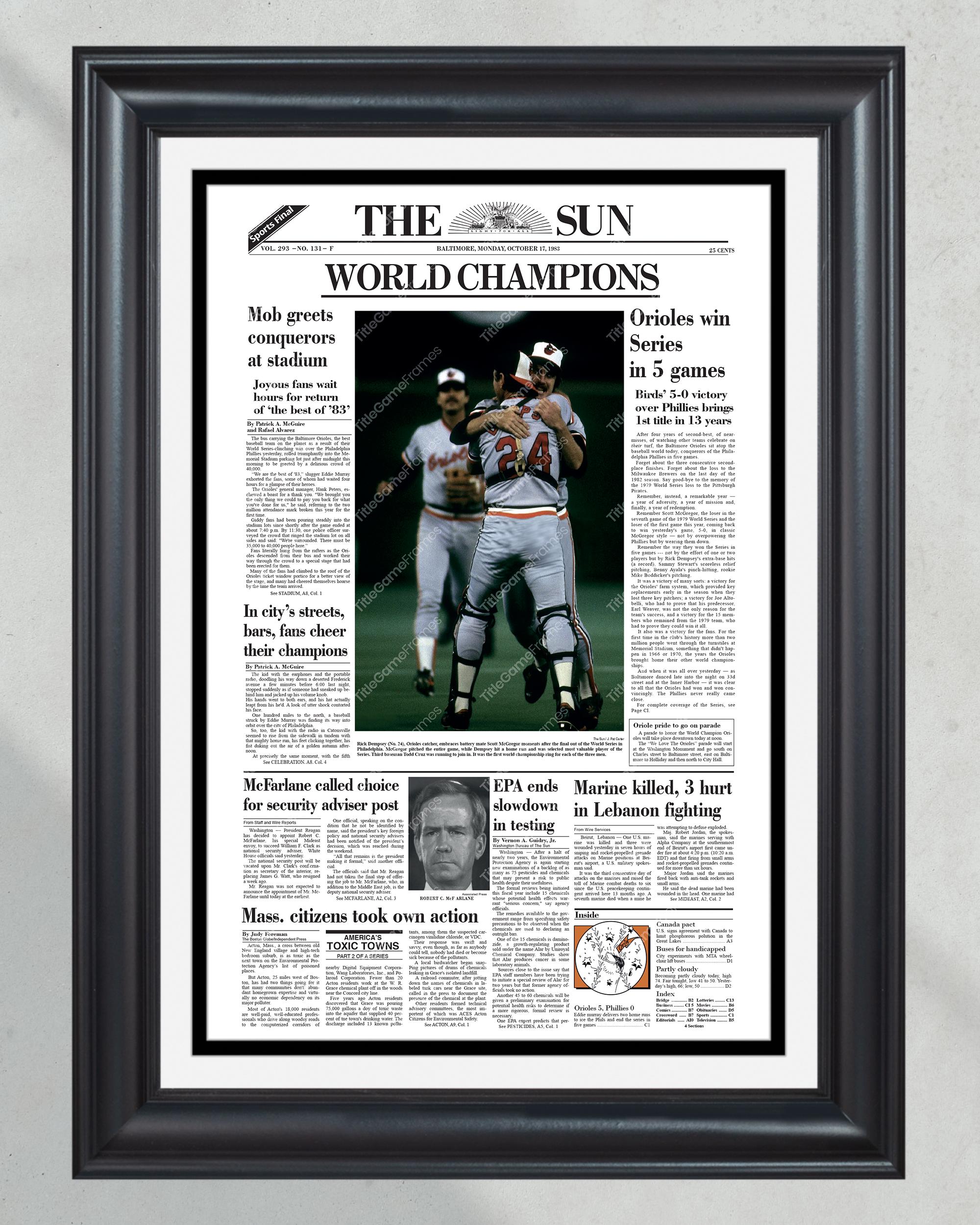 1983 Baltimore Orioles World Series Champions Framed Front Page Newspaper Print PT61059