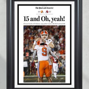 Campeones Nacionales de Fútbol Americano Universitario de la NCAA de los Clemson Tigers 2018 (¡y sí!) y periódico de portada enmarcado.