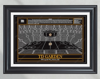 Puede incluir: Un dibujo en blanco y negro de la arena TD Garden en Boston, Massachusetts. El dibujo muestra la disposición de los asientos, la pista de hielo y el marcador. El texto "TD Garden" y "100 Legends Way, Boston, MA" está impreso en dorado en la parte inferior del dibujo.