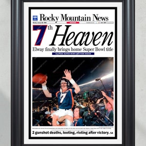 1998 Denver Broncos Super Bowl Champions &#39;7th Heaven&#39;  Framed Newspaper