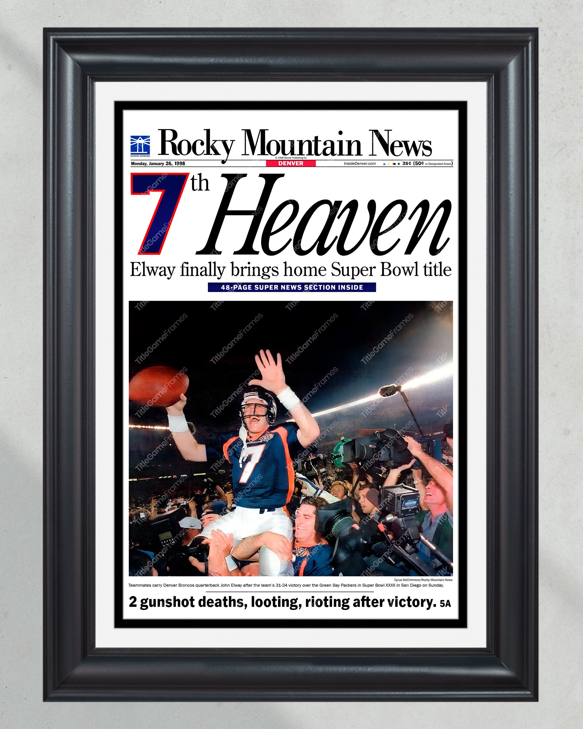 1998 Denver Broncos Super Bowl Champions '7th Heaven' Framed Newspaper PT60234