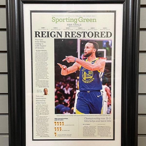 2022 Golden State Warriors “Reign Restored” NBA Champion Framed Front Page Newspaper Print