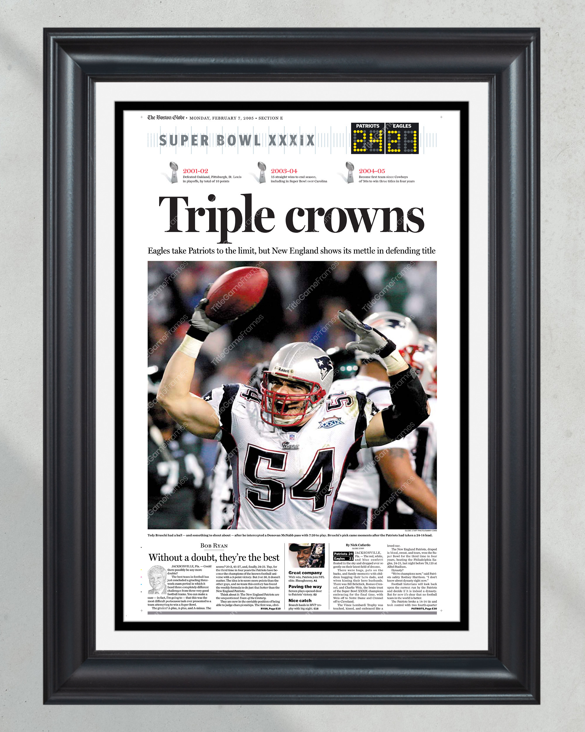 2005 New England Patriots "Triple Crown" Super Bowl Championship Framed Newspaper PT60581