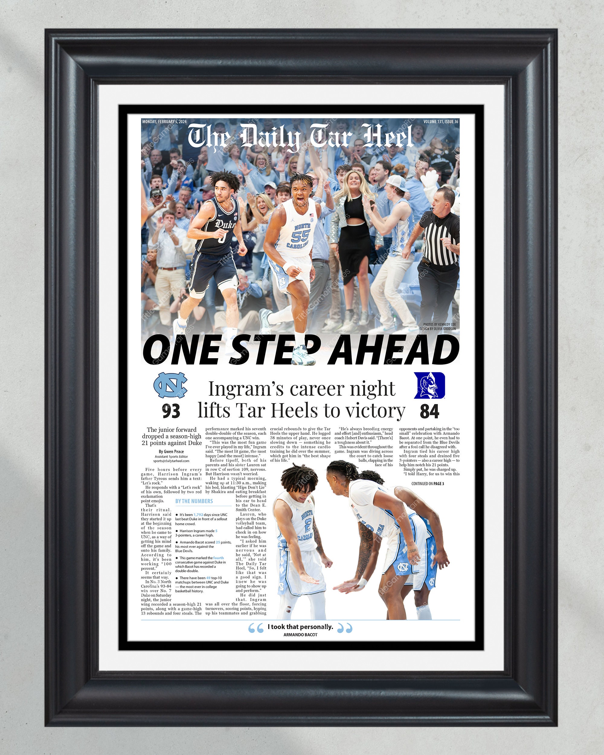 2024 North Carolina Tar Heels Defeat Duke 'One Step Ahead' Framed Front Page PT60594