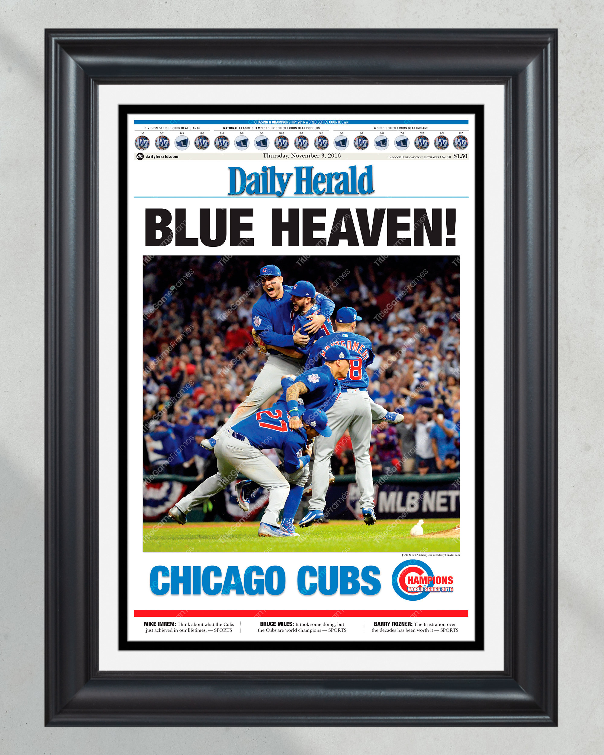2016 Chicago Cubs 'BLUE HEAVEN!' World Series Champions Framed Newspaper PT60603