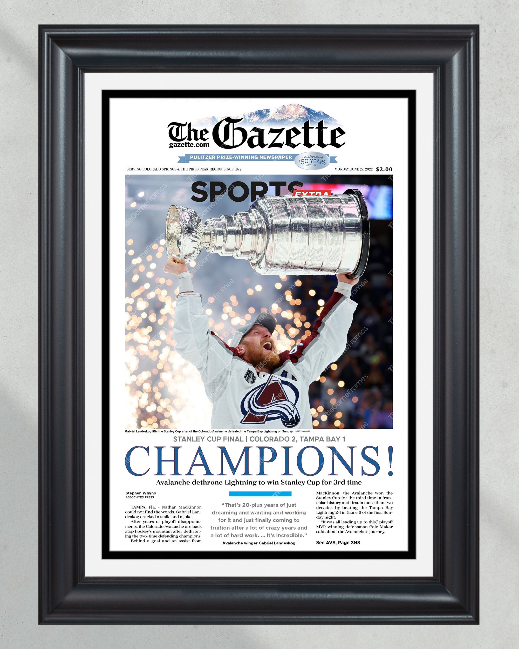 2022 Colorado Avalanche Stanley Cup 'Champions' Framed Front Page Newspaper Print PT60284