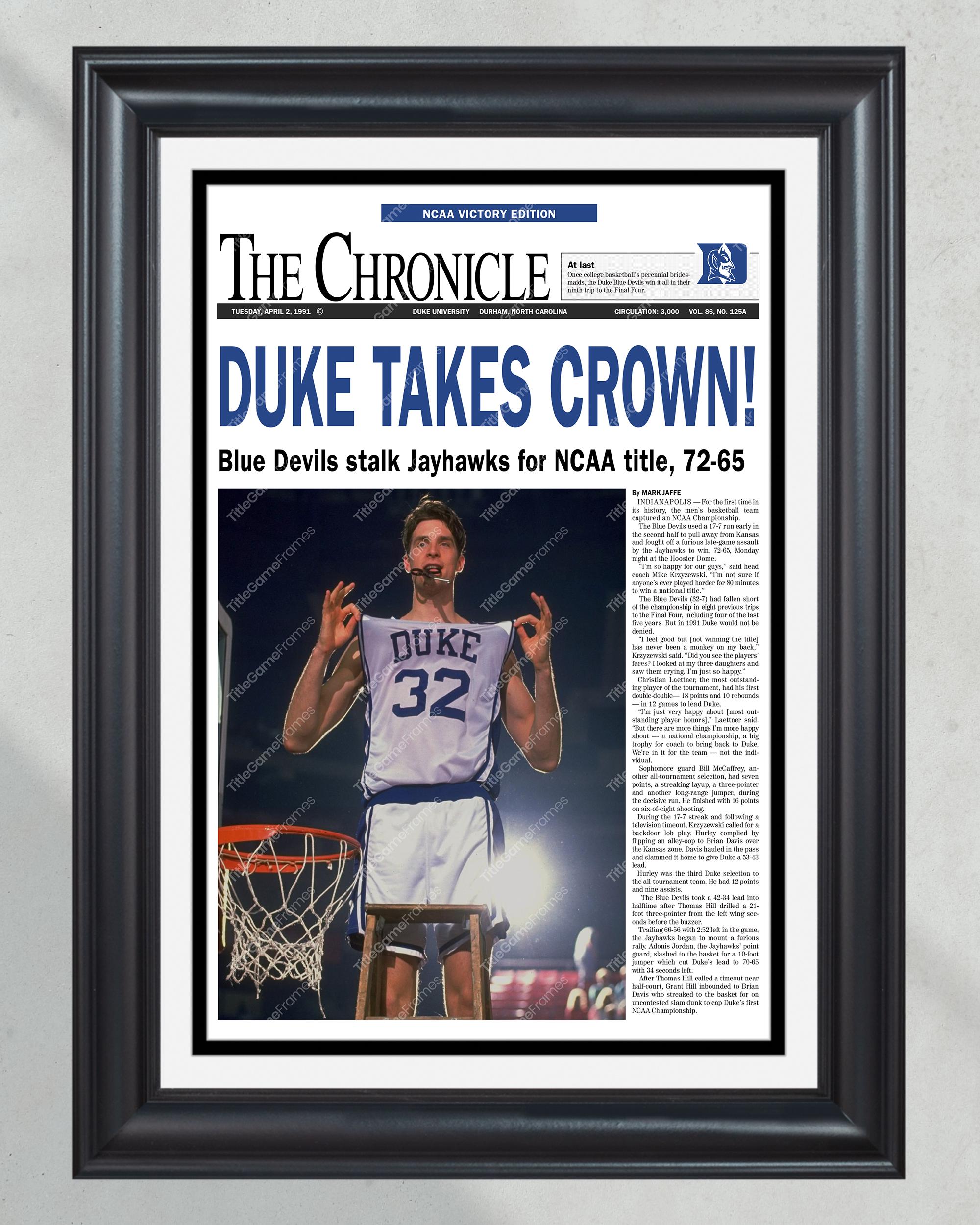 1991 Duke Blue Devils NCAA Basketball National Champions Framed Newspaper - 'Duke Takes Crown' PT60540