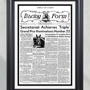 1973年セクレタリアト三冠王の額入り新聞第一面プリント