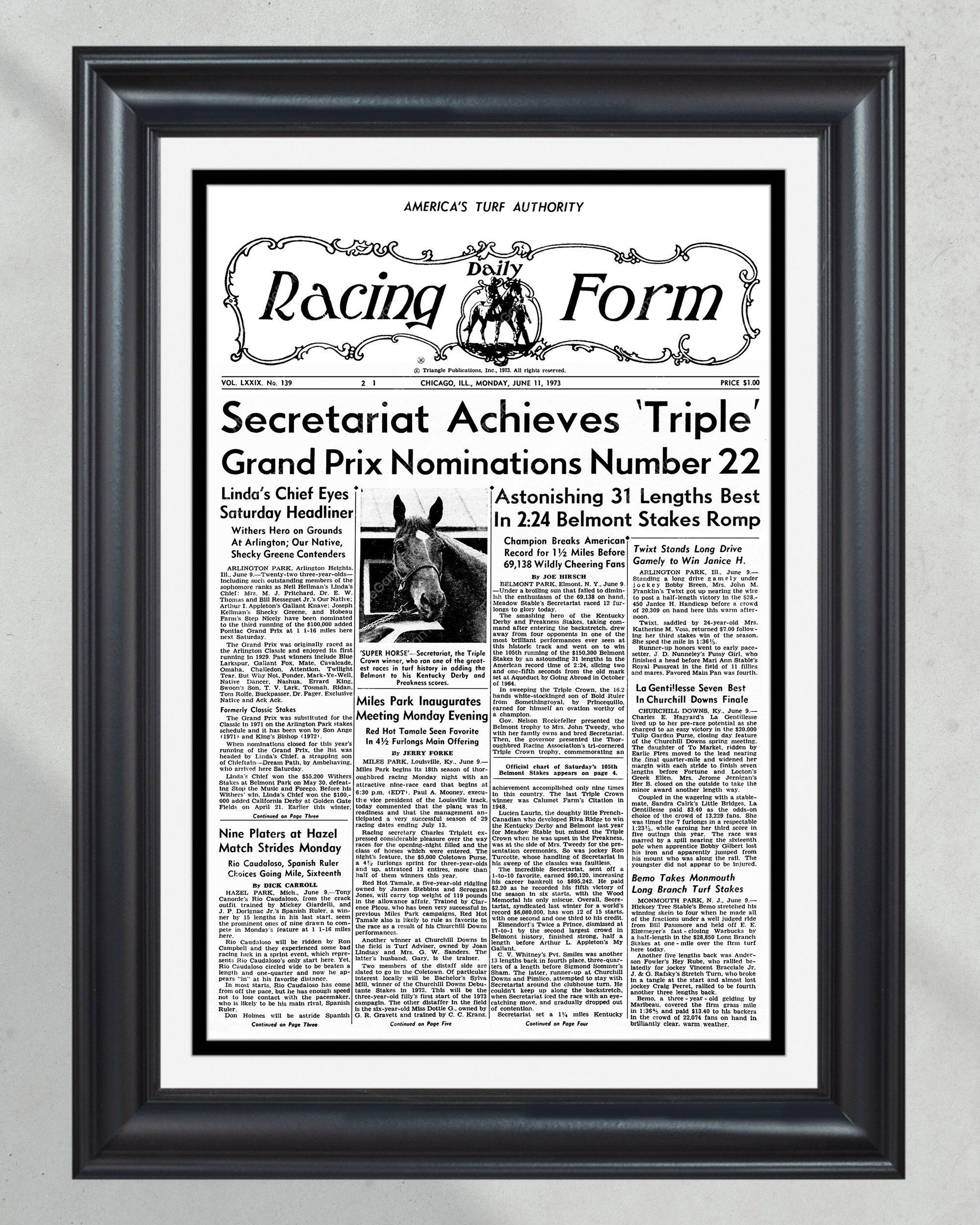 1973 Secretariat Triple Crown Winner Framed Front Page Newspaper Print PT60529
