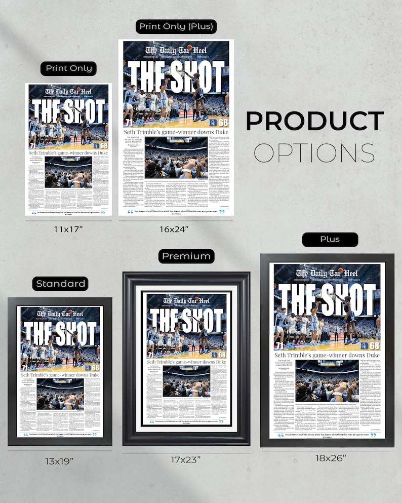 May include: Product options featuring newspaper prints of a basketball game. The prints are available in various sizes, including 11x17 inches, 16x24 inches, 13x19 inches, 17x23 inches, and 18x26 inches. The headline reads "THE SHOT".