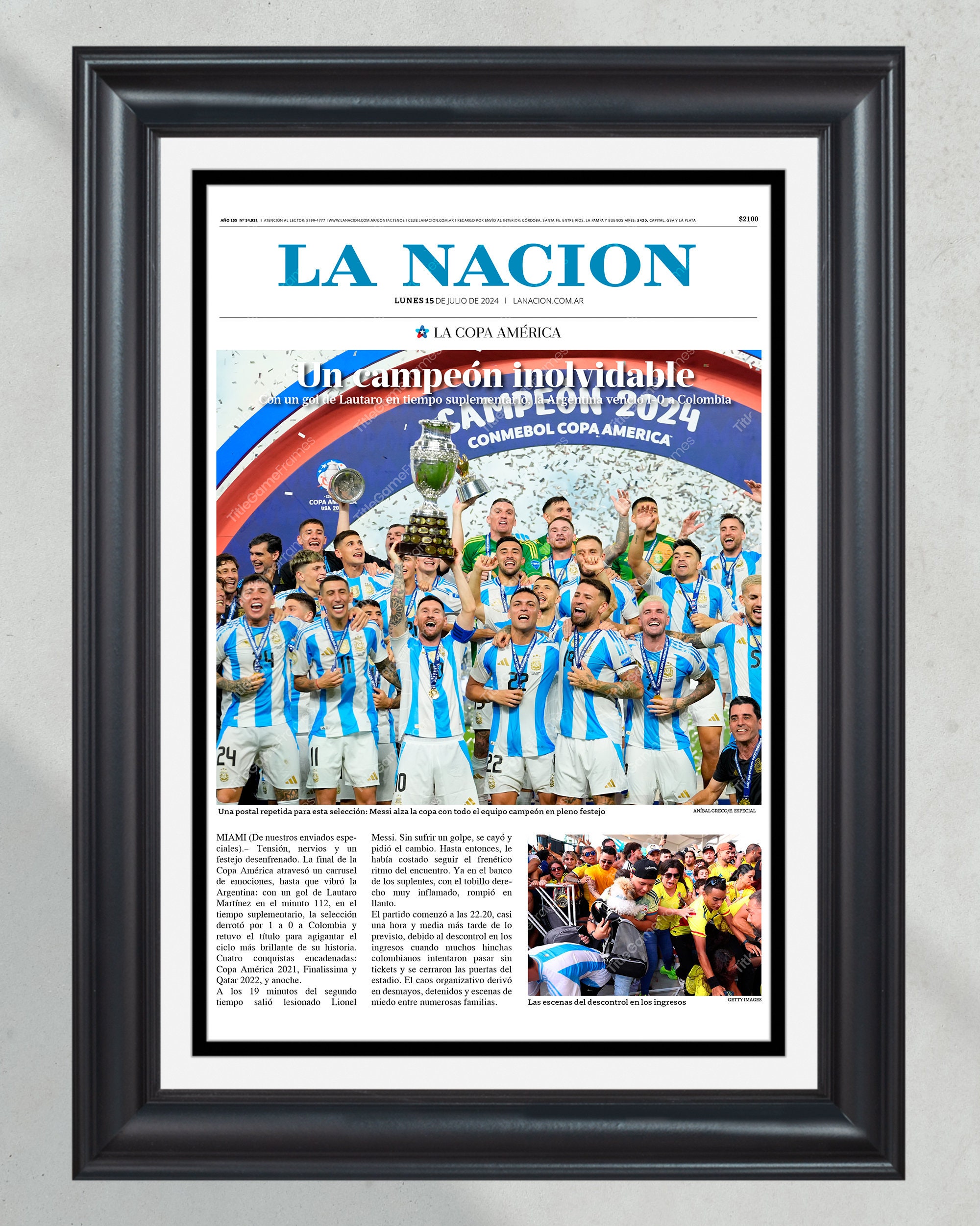 2024 Argentina Copa America Champions 'Un Campeón Inolvidable' Framed Newspaper PT60779