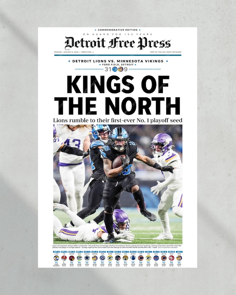 May include: A newspaper front page from the Detroit Free Press. The headline reads "KINGS OF THE NORTH" with a photo of a football game. The score is 31-9. The article is about the Detroit Lions.