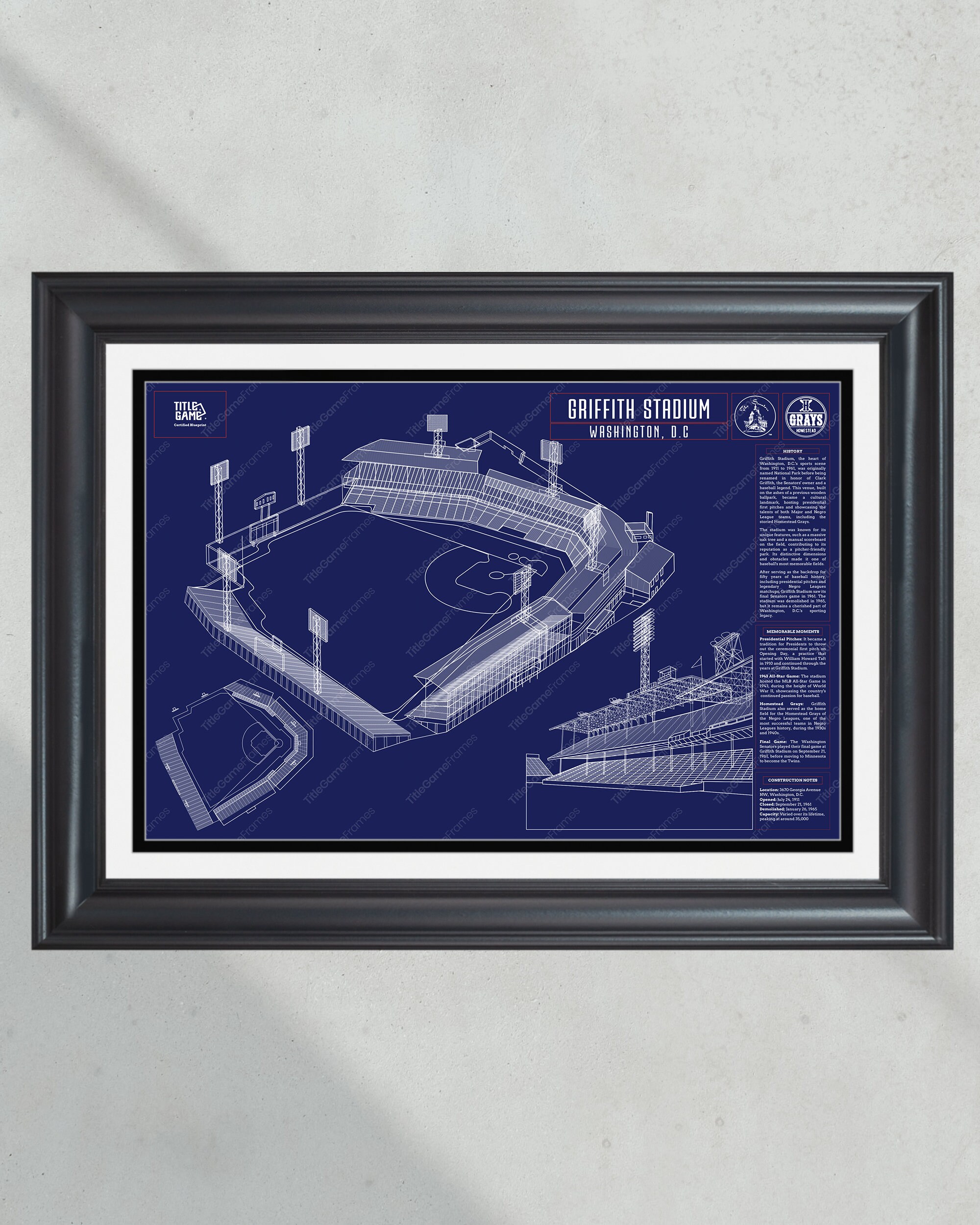 Washington Senators Griffith Stadium: Classic Ballpark Blueprint - Baseball Stadium Wall Art PT60361