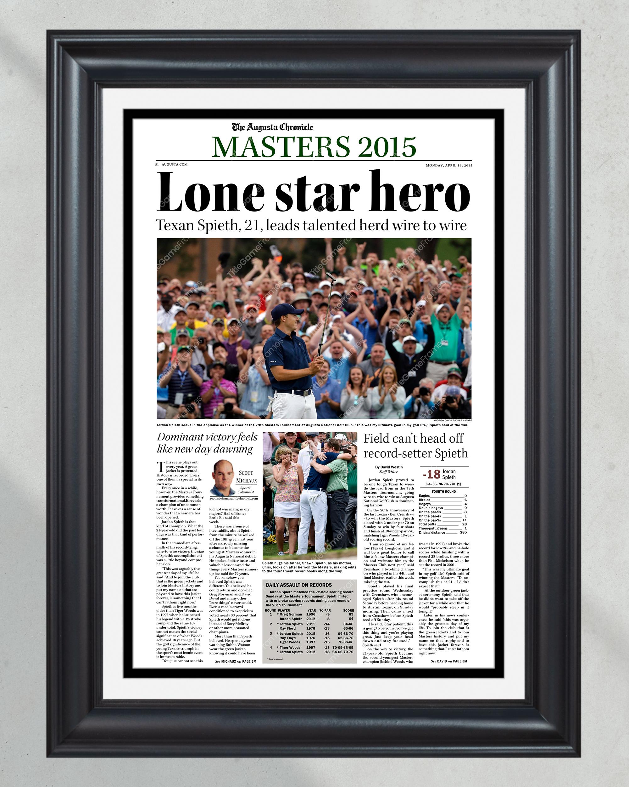 2015 Masters Champion Jordan Spieth 'Lone Star Hero' Framed Newspaper PT61030