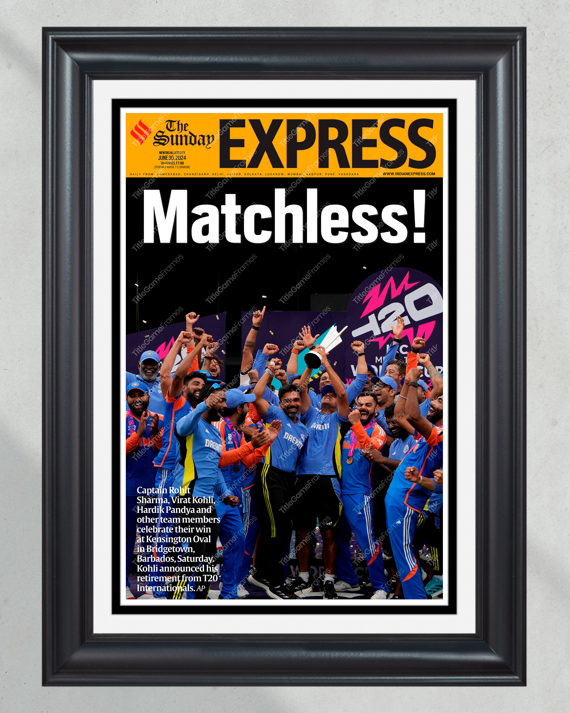 2024 India T20 World Cup win over South Africa- 'Matchless!' Framed Newspaper PT60560