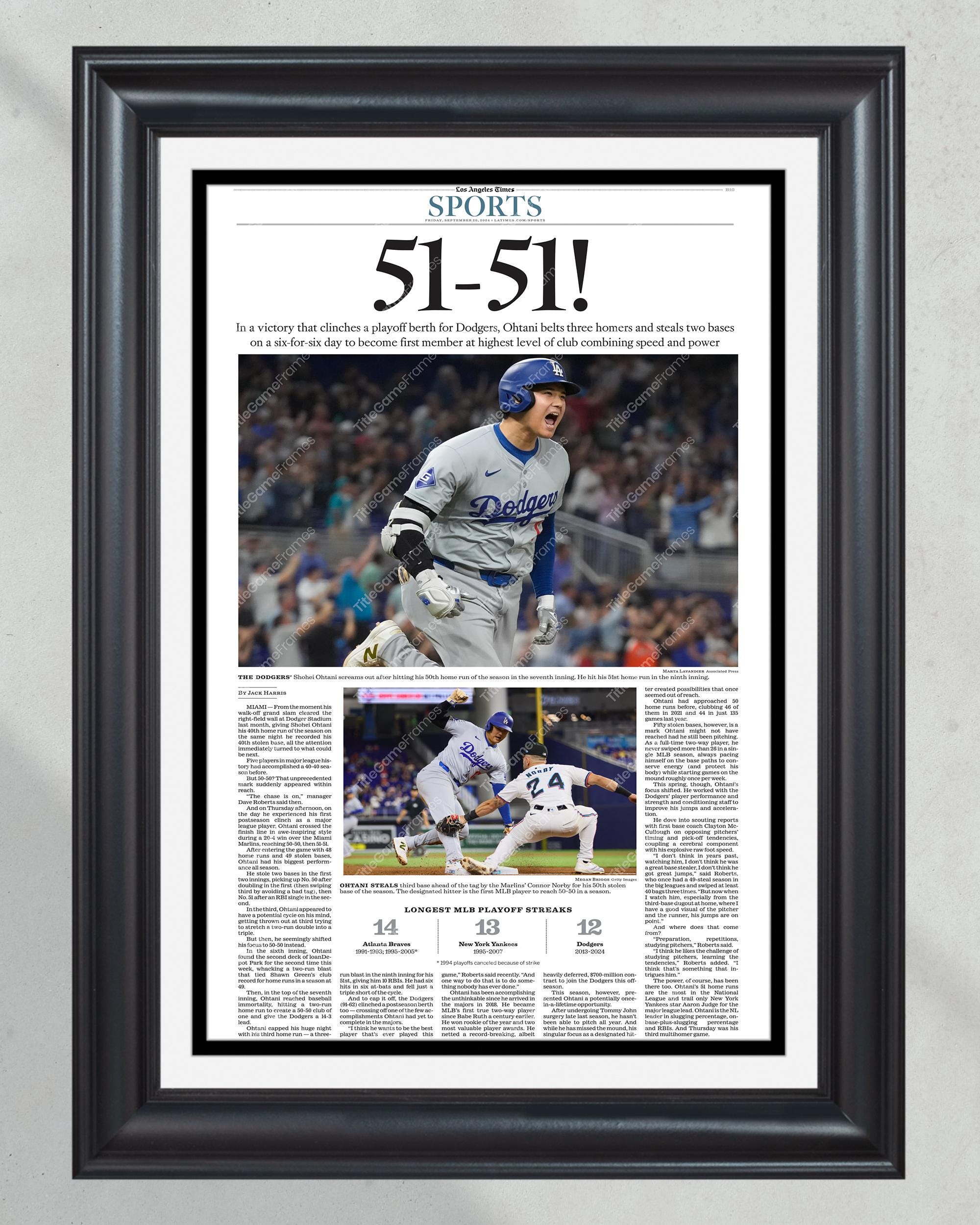 2024 Shohei Ohtani Becomes First-Ever 50-50 Club Member Framed Newspaper PT60799