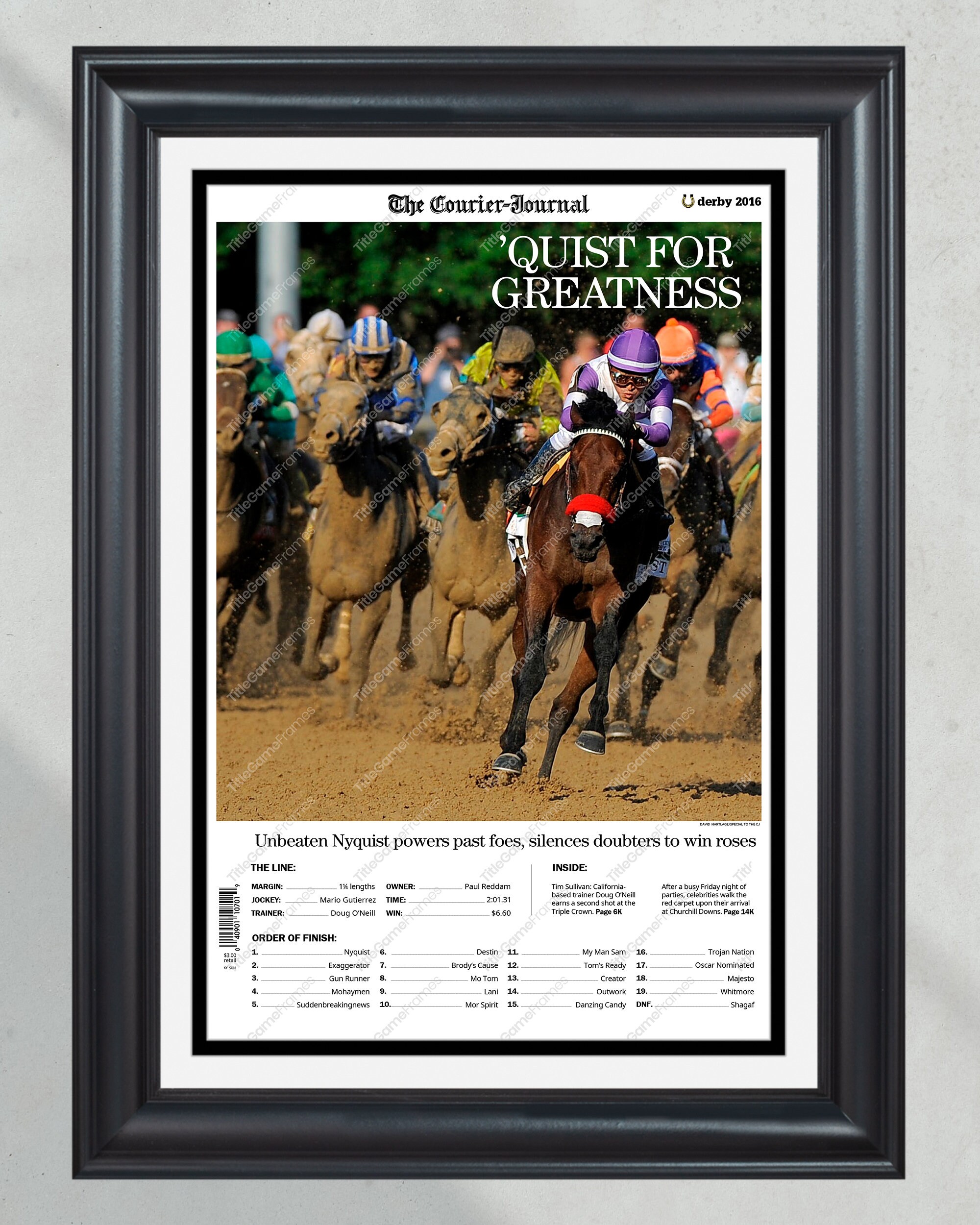 2016 Kentucky Derby Nyquist 'Quist for Greatness' Framed Front Page Newspaper PT60977