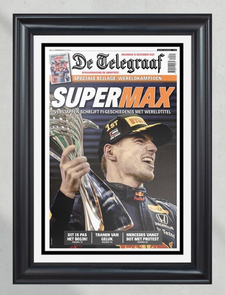 2021 Max Verstappen Beats Lewis Hamilton F1 World Champion Abu Dhabi Framed Front Page Newspaper Print PT60267