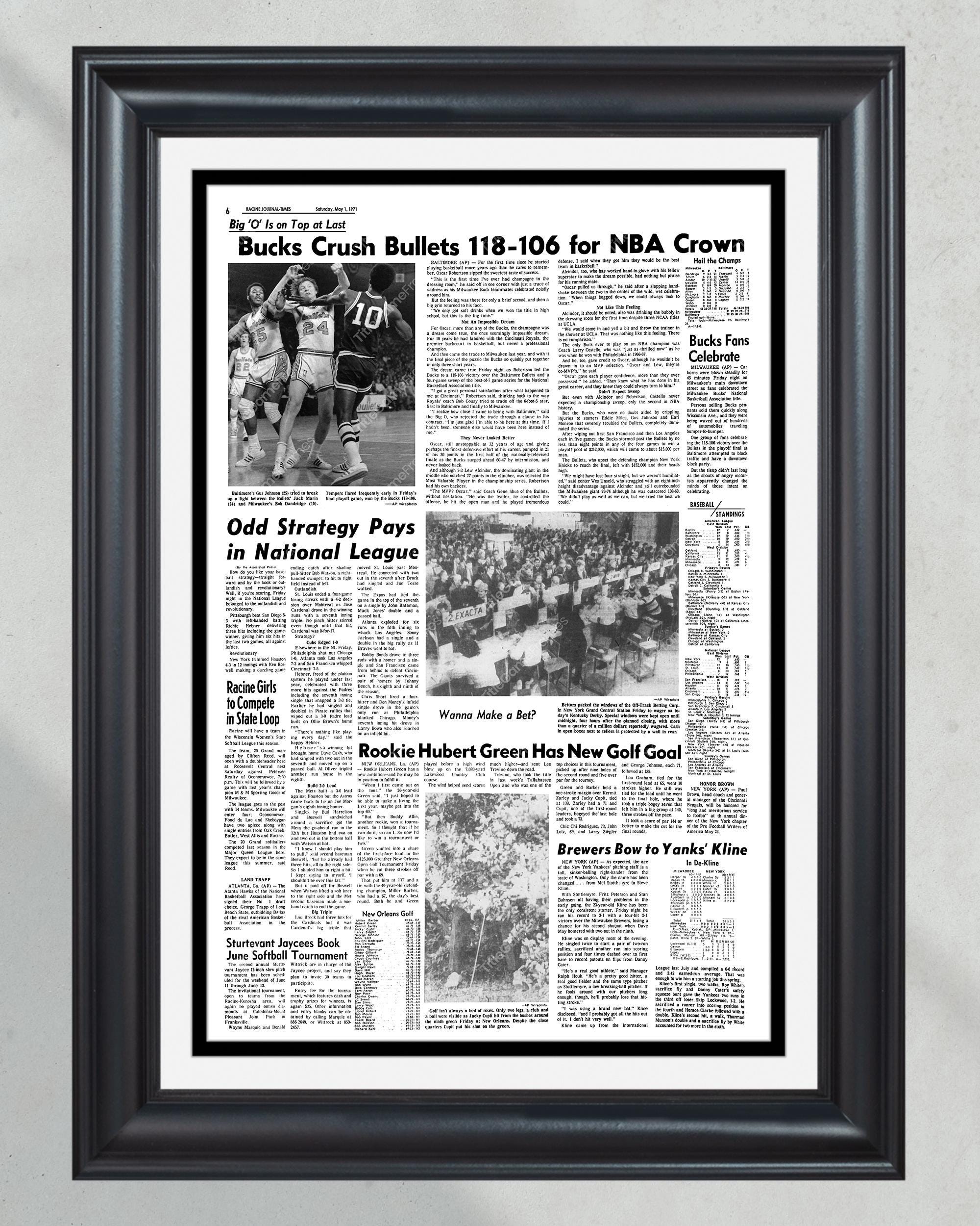 1971 Milwaukee Bucks NBA Champion Framed Front Page Newspaper Print PT60242