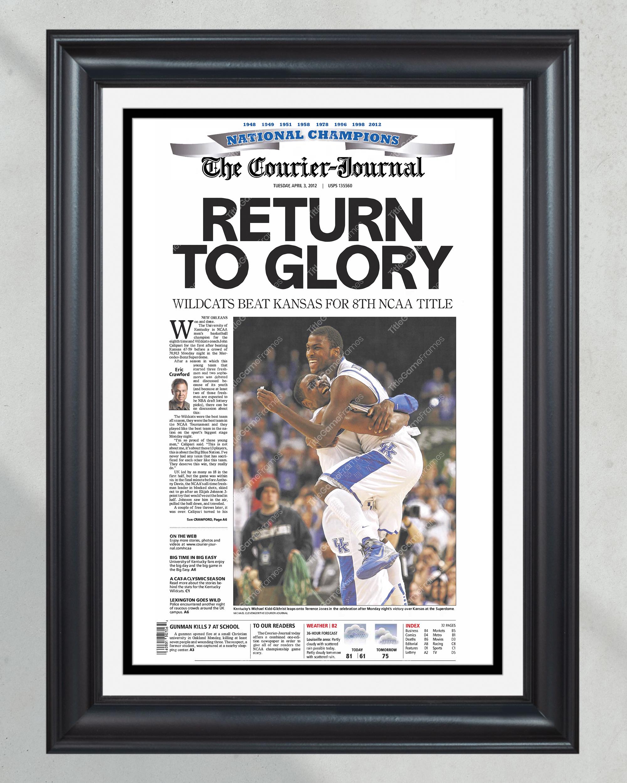 2012 Kentucky Wildcats 'Return to Glory' NCAA Champions Framed Newspaper Print PT60856