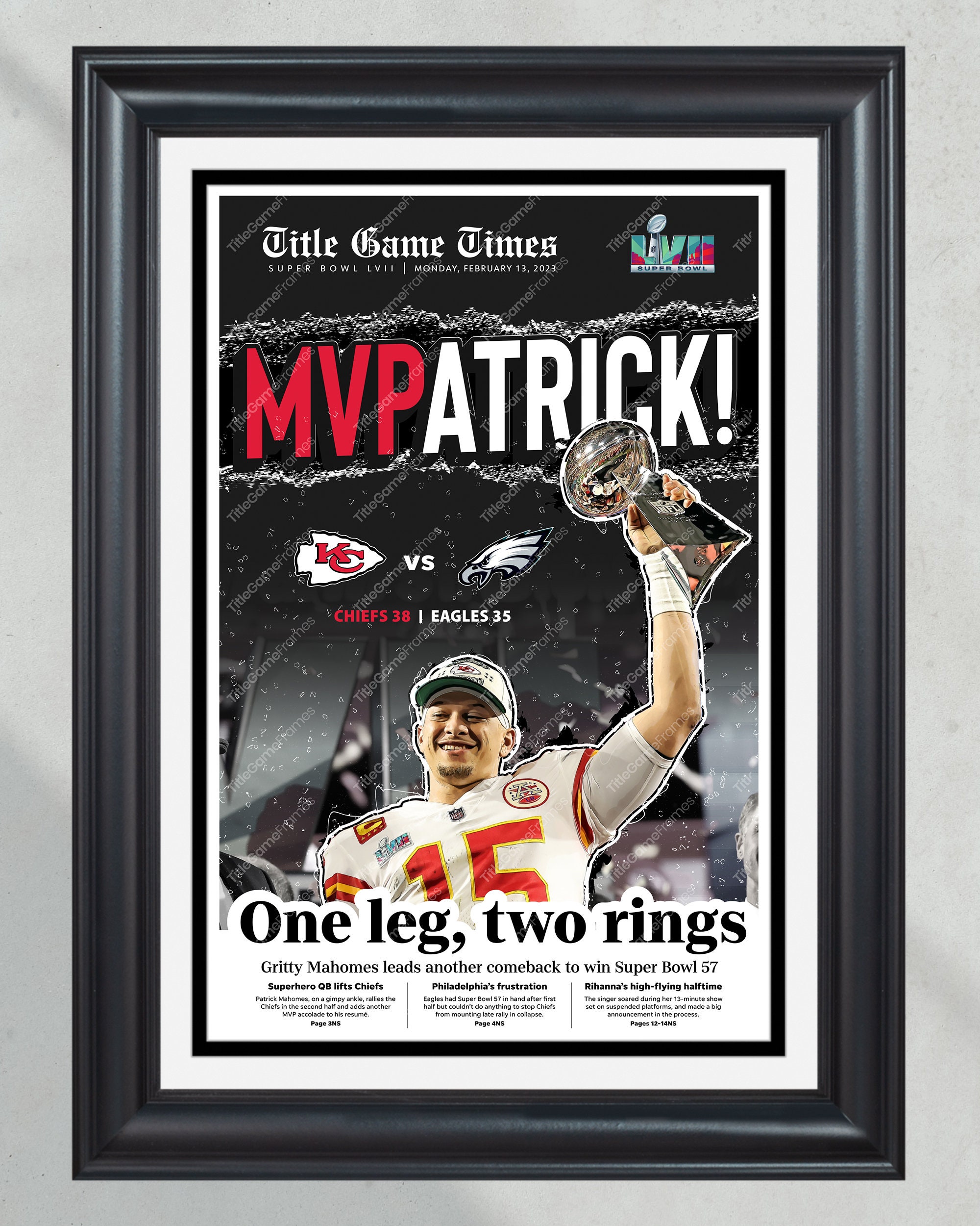 2023 Kansas City Chiefs "MVPatrick" Super Bowl LVII Champions Framed Front Page Newspaper PT60573