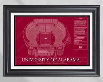 University of Alabama Bryant Denny Stadium Blueprint Football Print