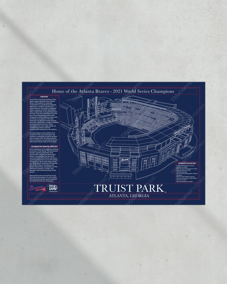 Truist Park Blueprint Print-Only with Rich Braves Team-Themed Navy Blue Background.