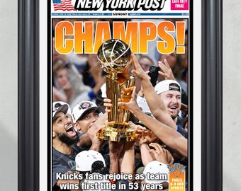 "2026 New York Knicks ""CHAMPS!""" Europa-Meisterschaft gerahmte Zeitung – Erster Titel in 53 Jahre Kunst