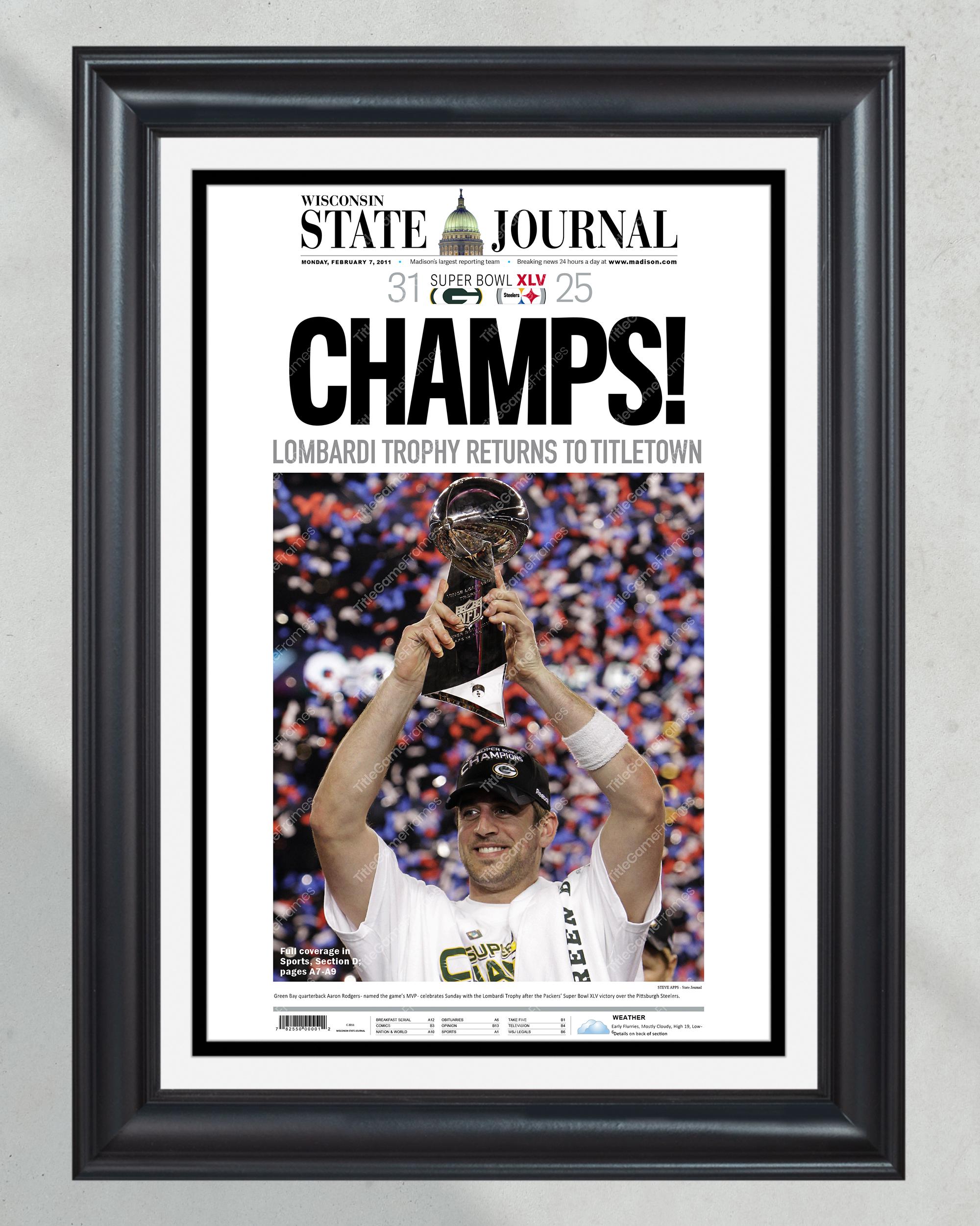 2011 Aaron Rogers Green Bay Packers Super Bowl Champions Framed Front Page Newspaper Print PT60439