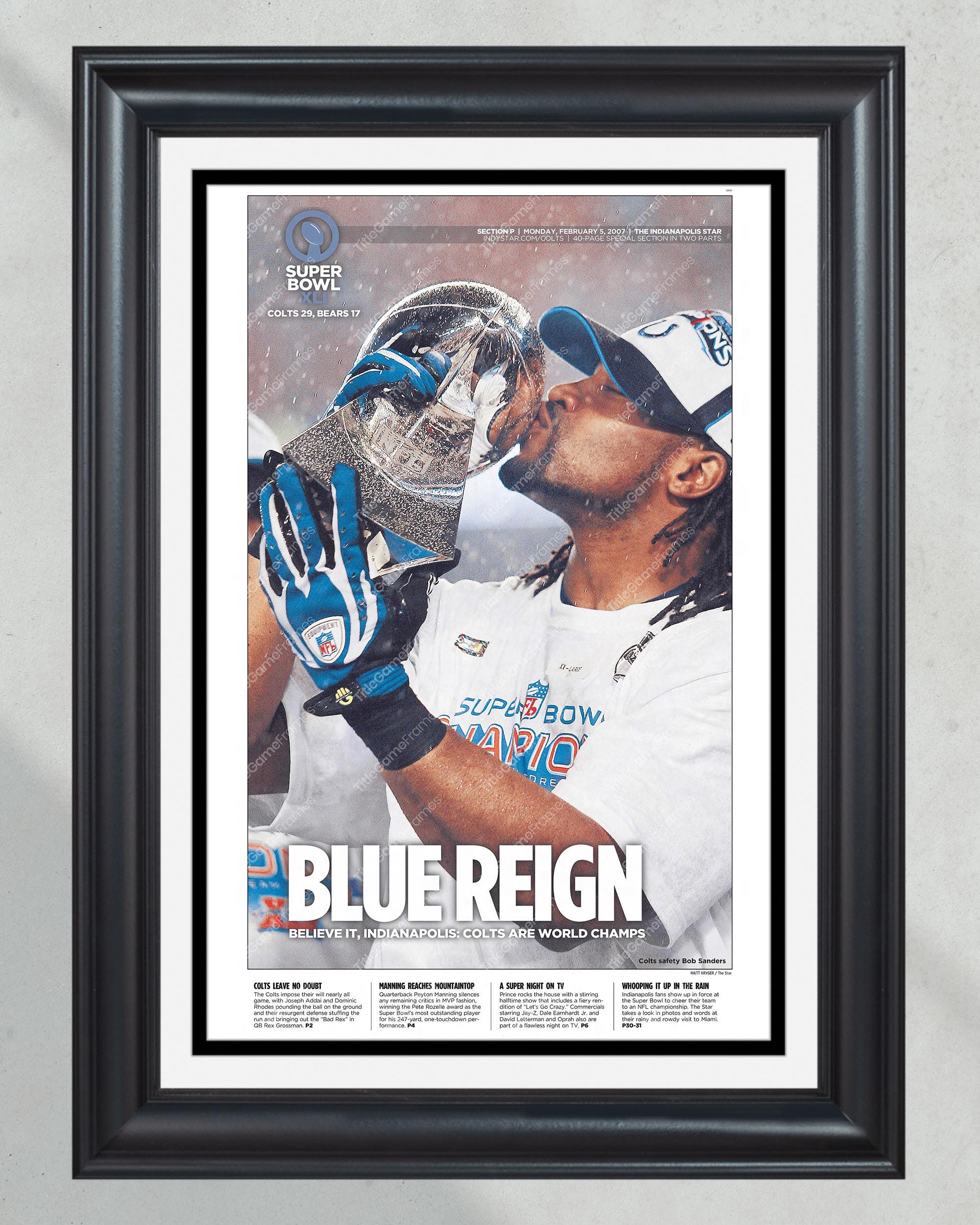 2007 Indianapolis Colts Framed Newspaper Print Super Bowl - 'BLUE REIGN' PT60588