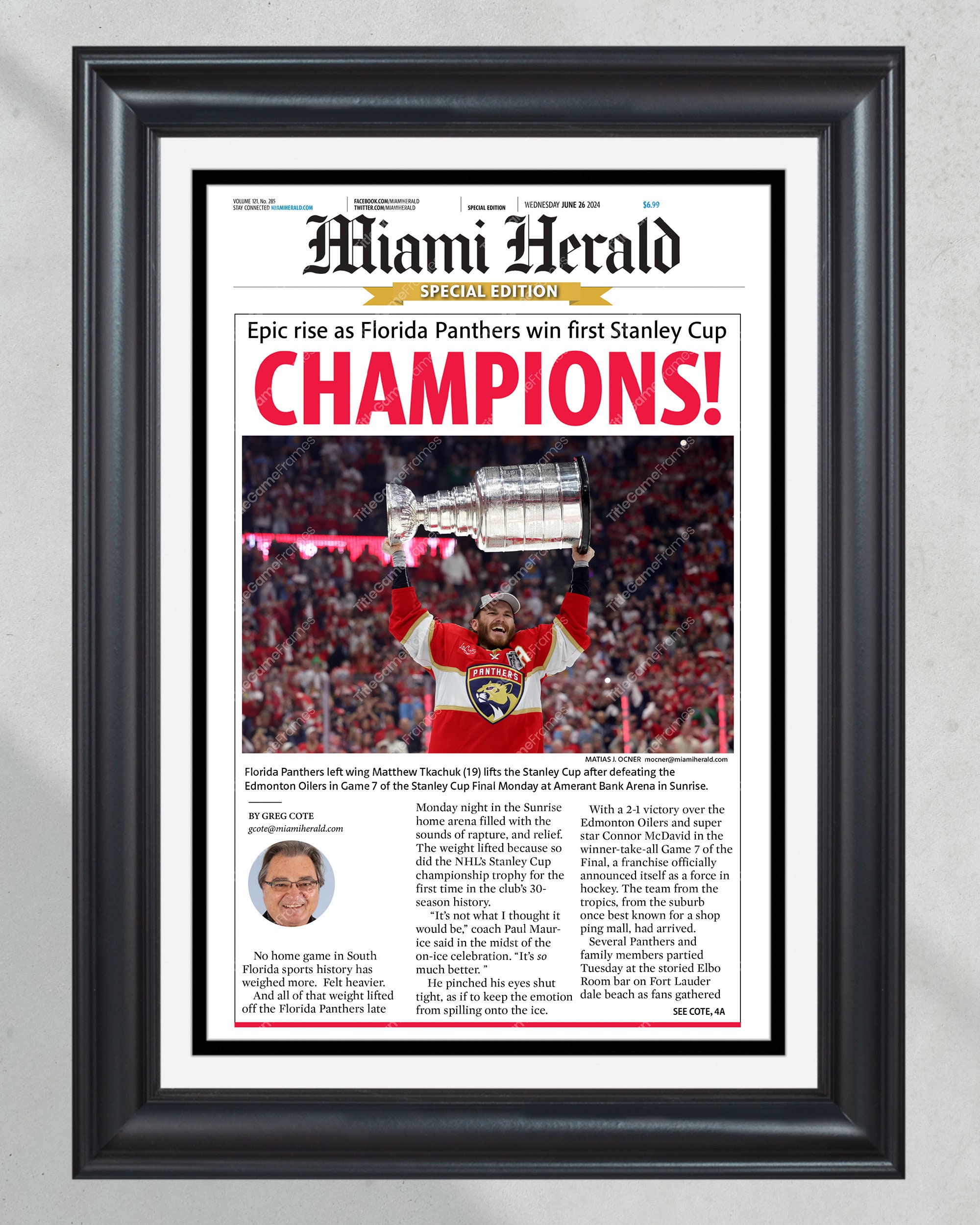2024 Florida Panthers Stanley Cup 'CHAMPIONS!' Framed Special Edition Newspaper PT61043
