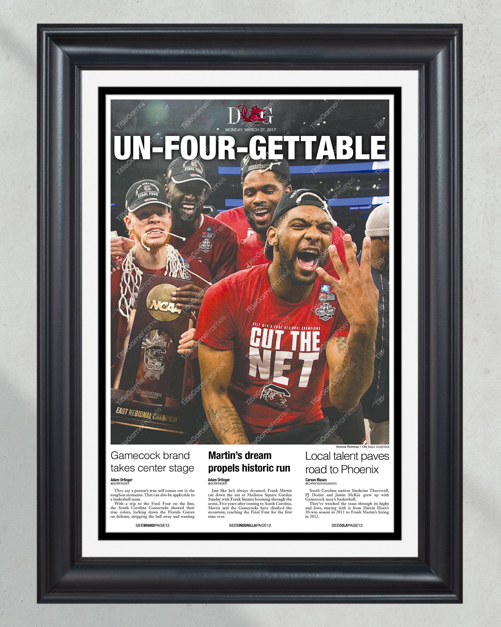 2017 South Carolina Gamecocks NCAA Final Four Framed Front Page Newspaper Print PT60961