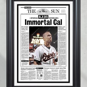 1995 Cal Ripken “Immortal Cal” Baltimore Orioles Iron Man Framed Front Page Newspaper Print