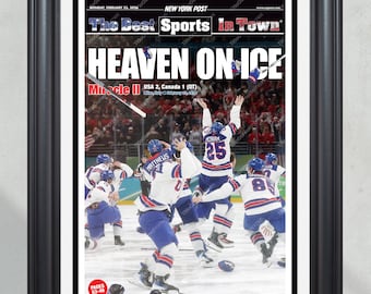 Ingelijste krantenprint van het Amerikaanse ijshockeytoernooi "Heaven on Ice" 2026 tegen Canada.