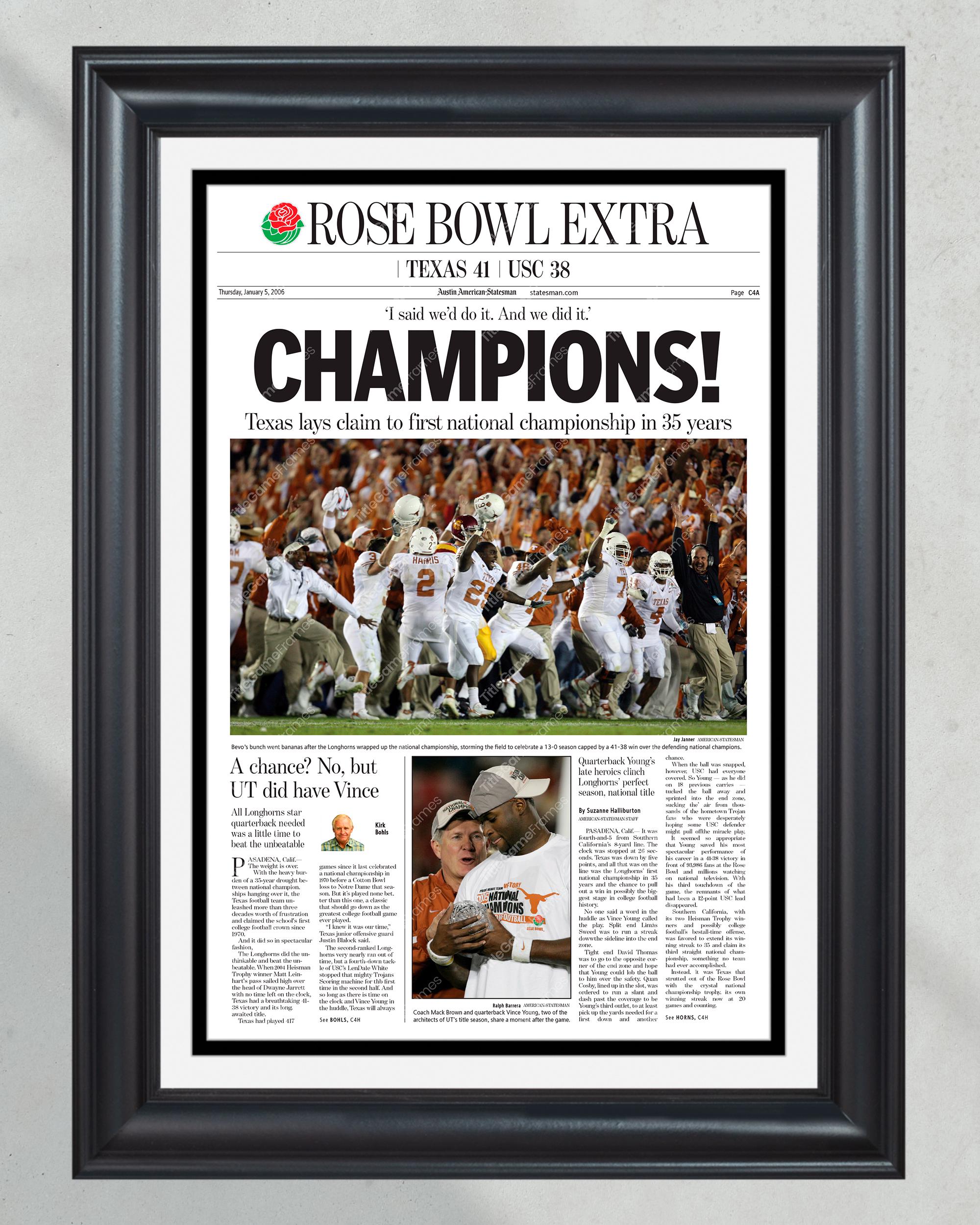 2005 Texas Longhorns NCAA Rose Bowl College Football Champions Framed Front Page Newspaper Print PT60225
