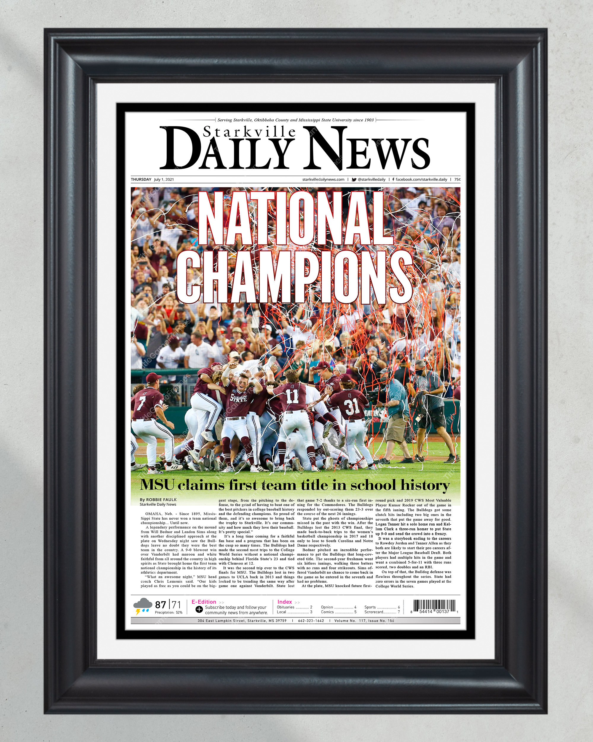 2021 Mississippi State College World Series Champions Framed Front Page Newspaper Print PT60619