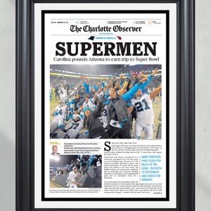Periódico enmarcado del campeonato de la NFC de los Carolina Panthers &#39;SUPERMEN&#39; 2016 - Super Bowl Journey