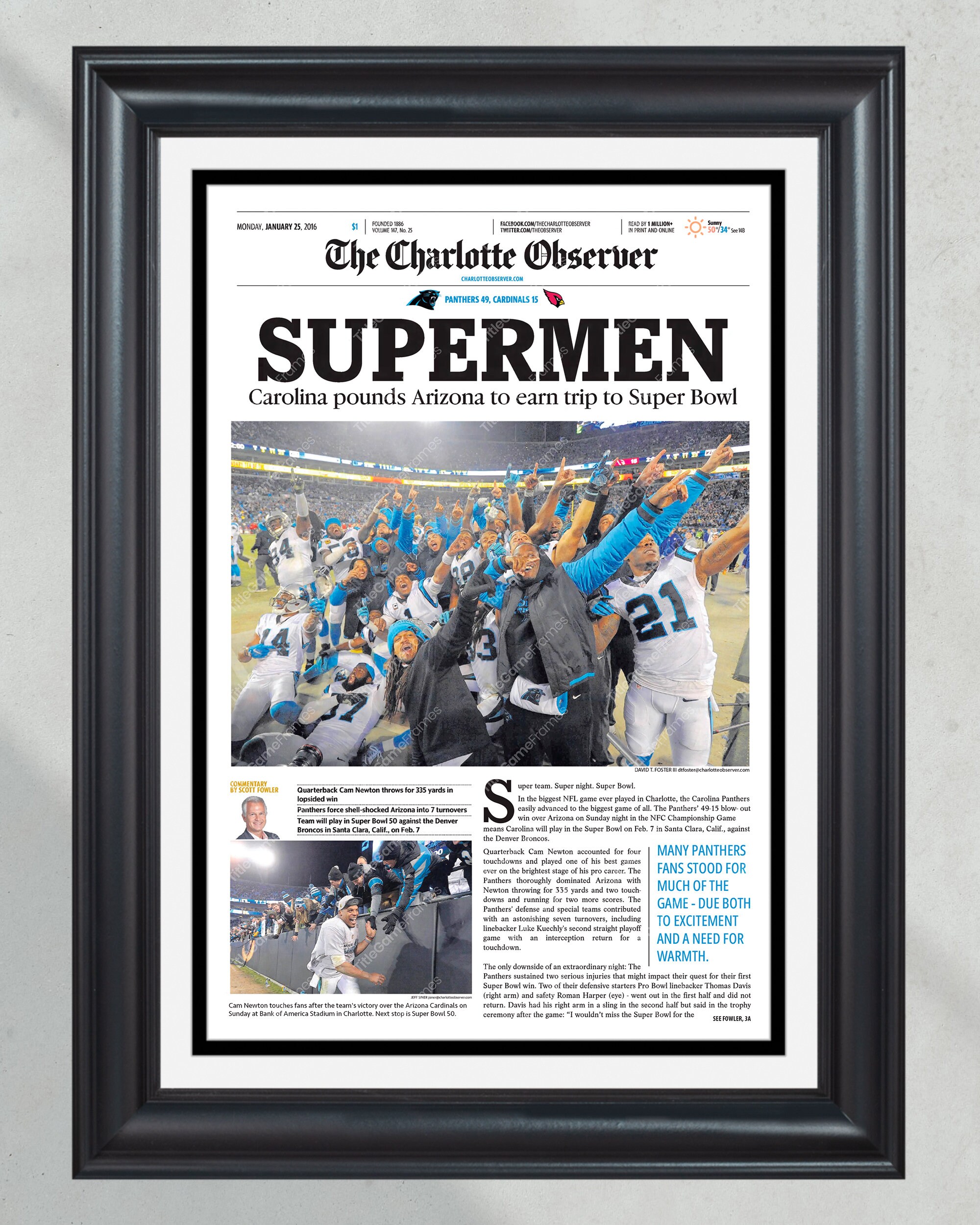 2016 Carolina Panthers 'SUPERMEN' NFC Championship - Super Bowl Journey Framed Newspaper PT60861