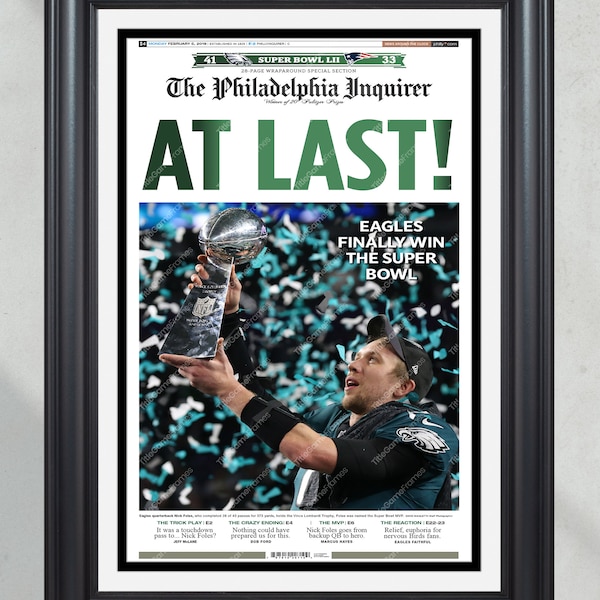 2018 Philadelphia Eagles Super Bowl LII Champions Framed Front Page Newspaper Print