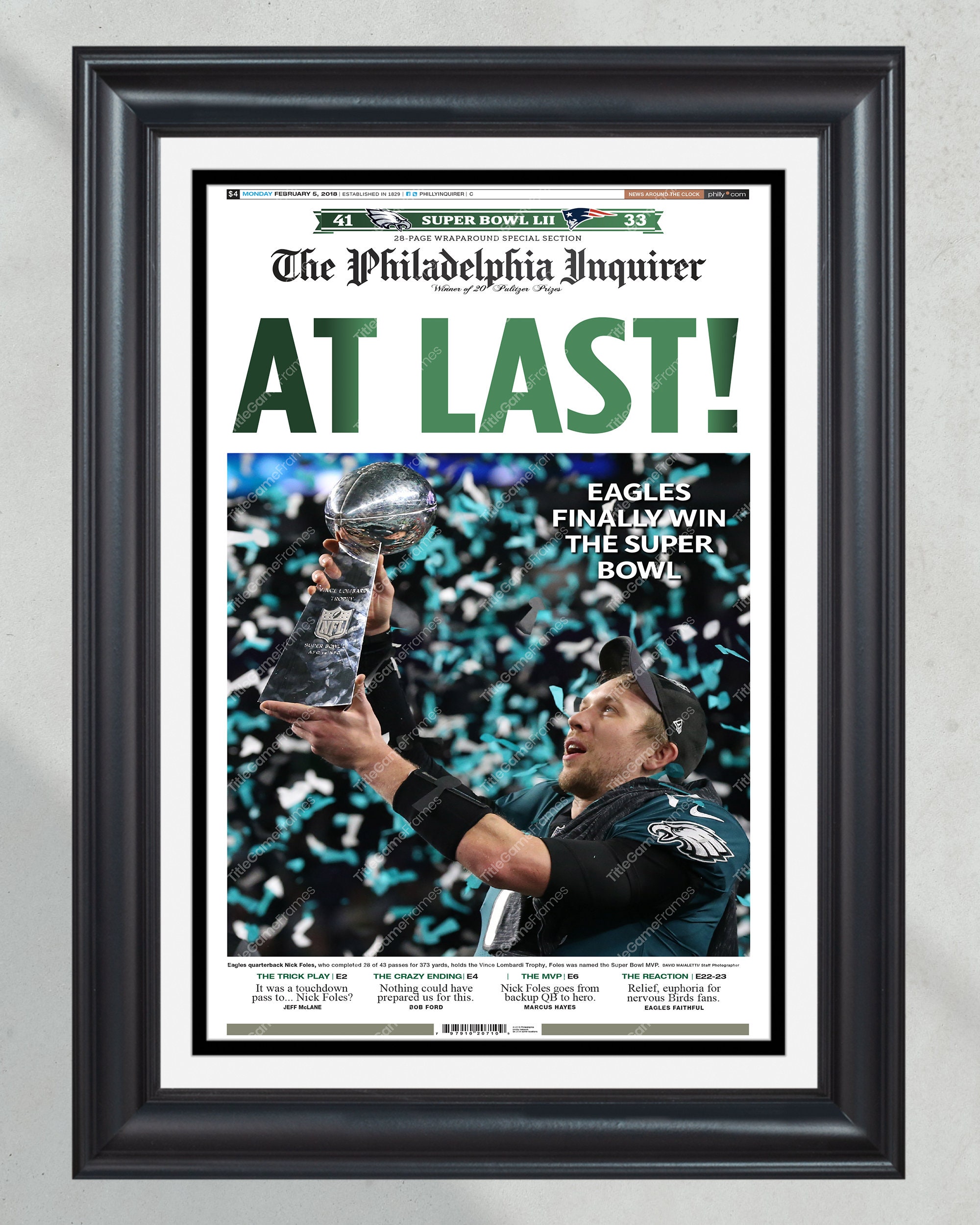 2018 Philadelphia Eagles Super Bowl LII Champions Framed Front Page Newspaper Print PT60660