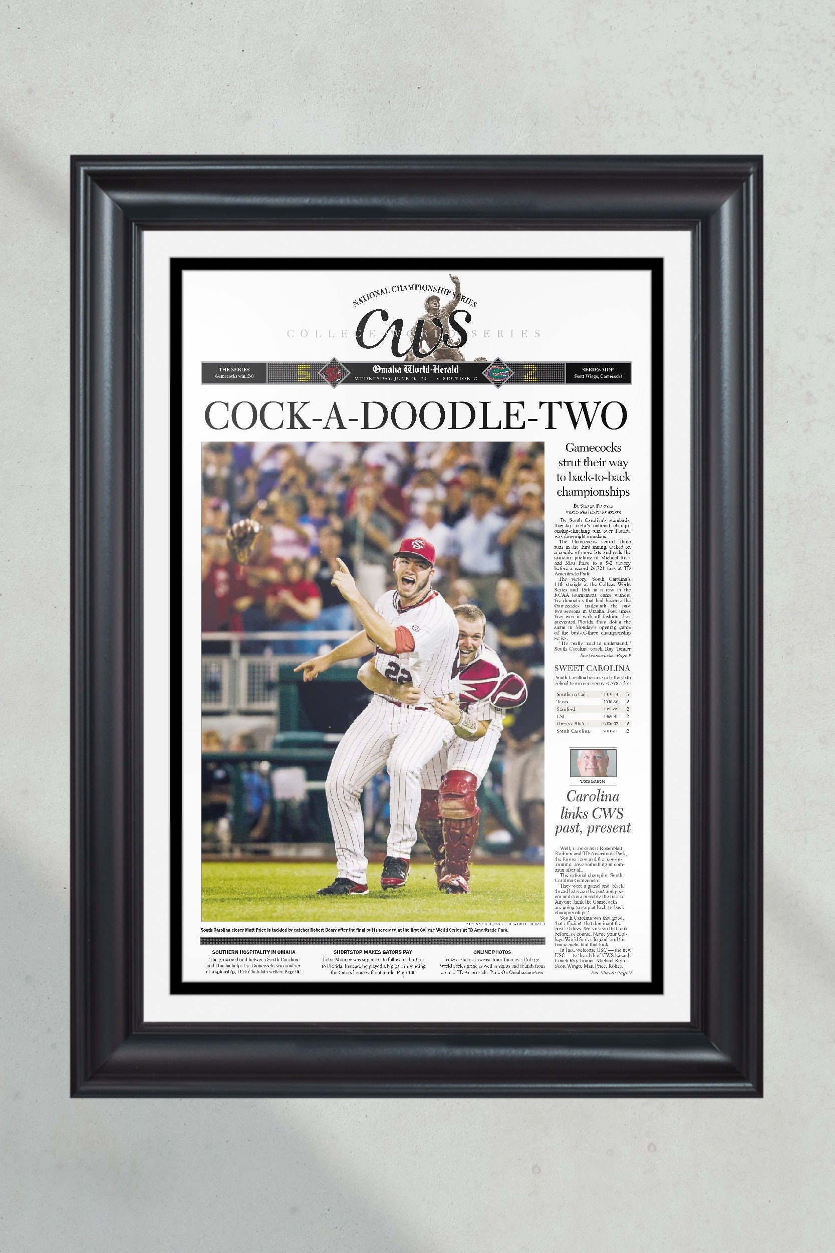 2011 South Carolina Gamecocks College World Series Champions Framed Front Page Newspaper Print PT60816