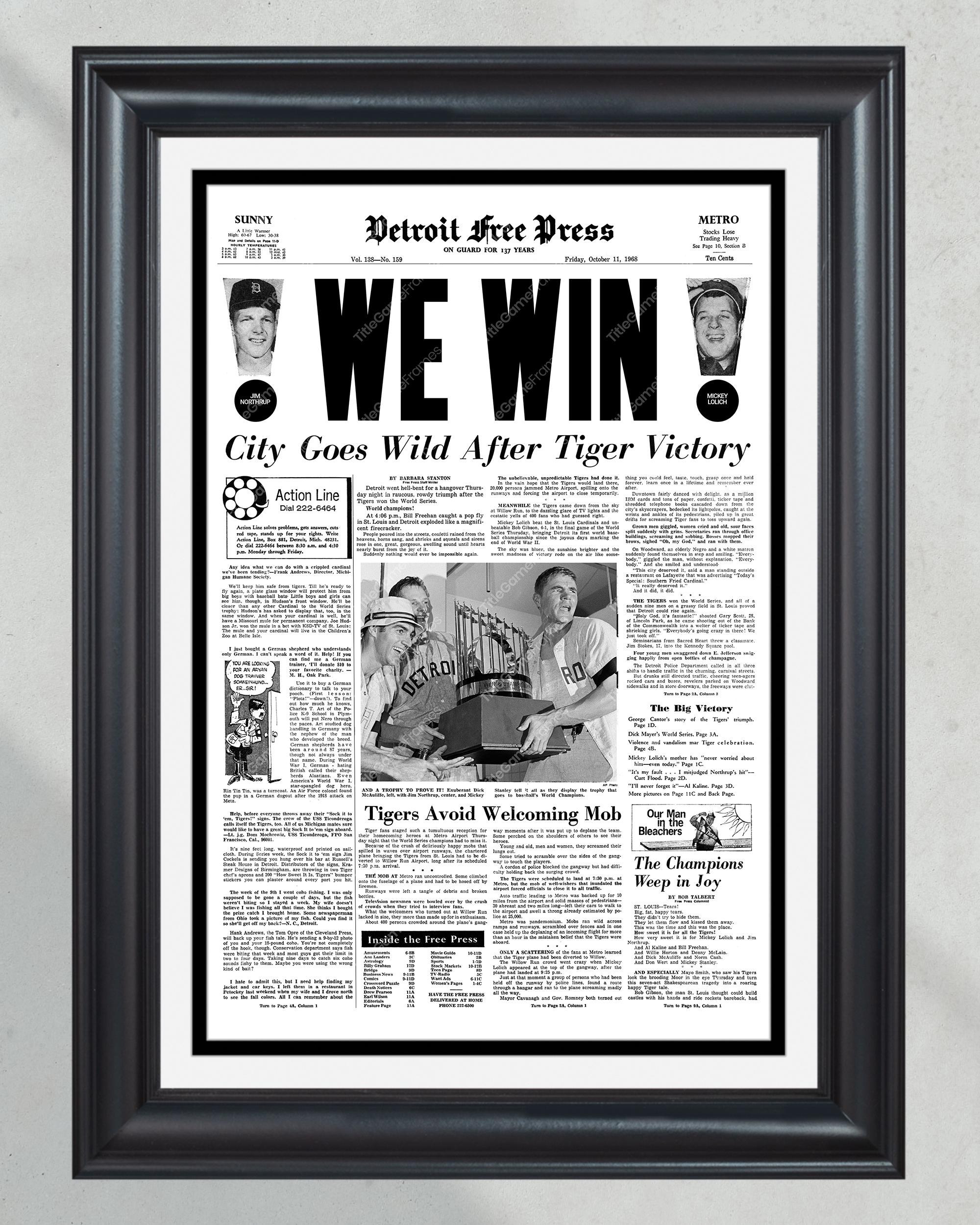 1968 Detroit Tigers World Series Champions Framed Front Page Newspaper Print PT60842