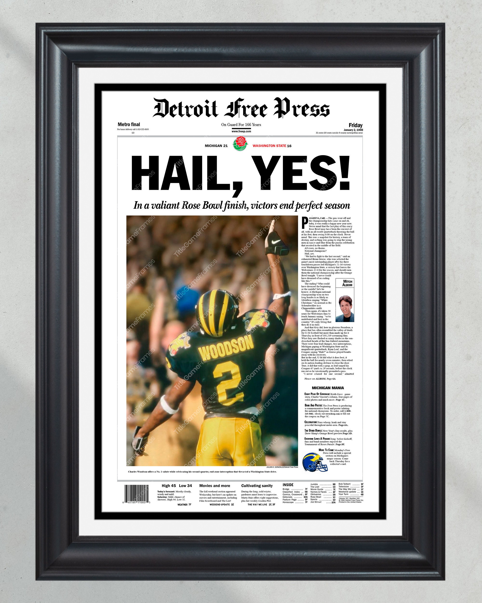 1997 Michigan Wolverines NCAA College Football National Champions Framed Front Page Newspaper Print PT60212