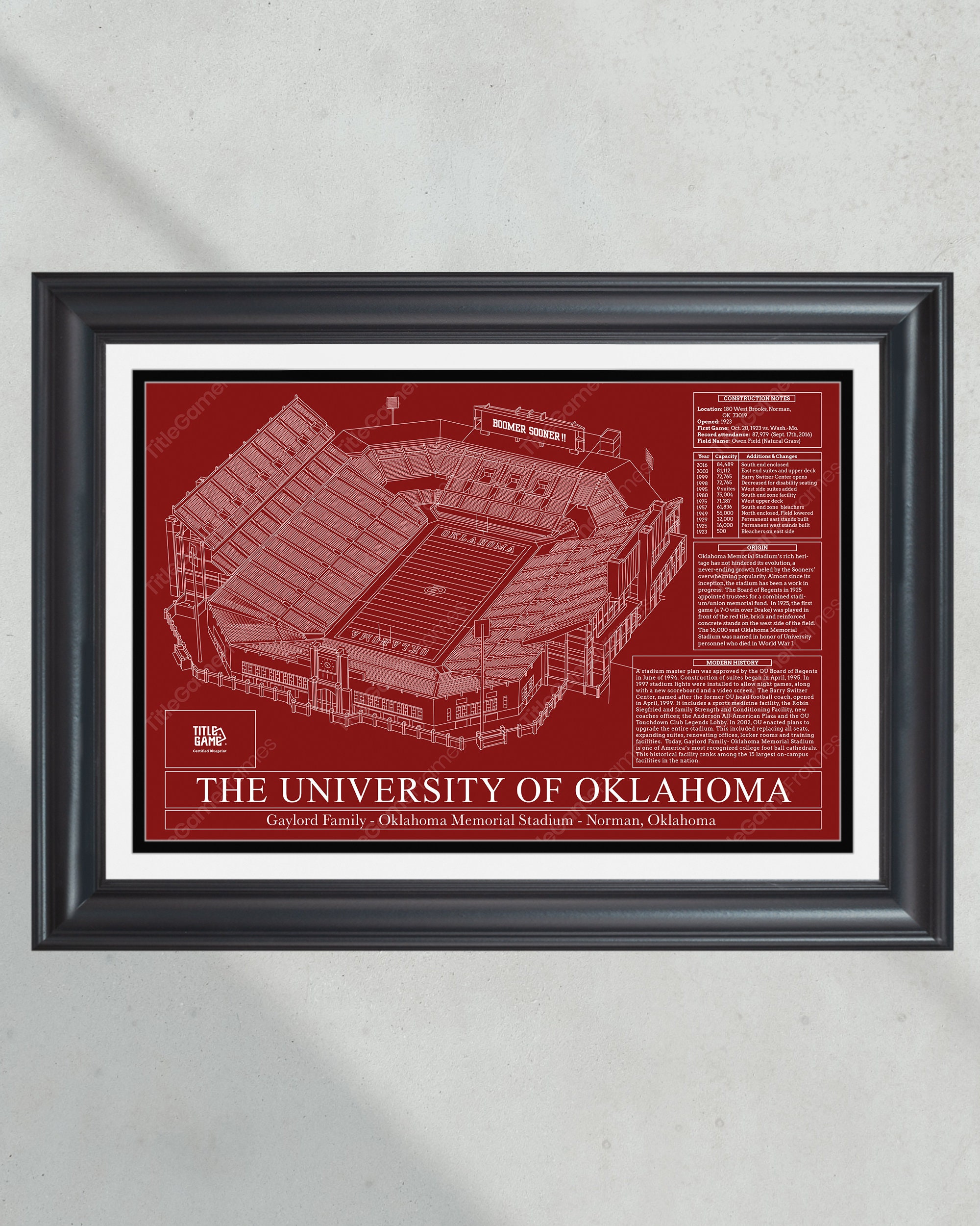 University of Oklahoma Gaylord Family Oklahoma Memorial Stadium Blueprint Football Print PT60206