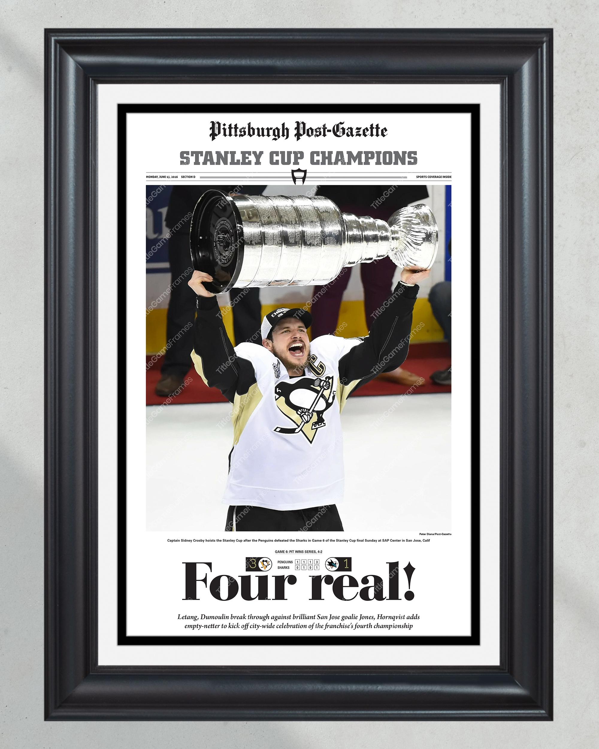 2016 Pittsburgh Penguins 'Four Real!' Stanley Cup Champions - Sidney Crosby Framed Newspaper Print PT61084
