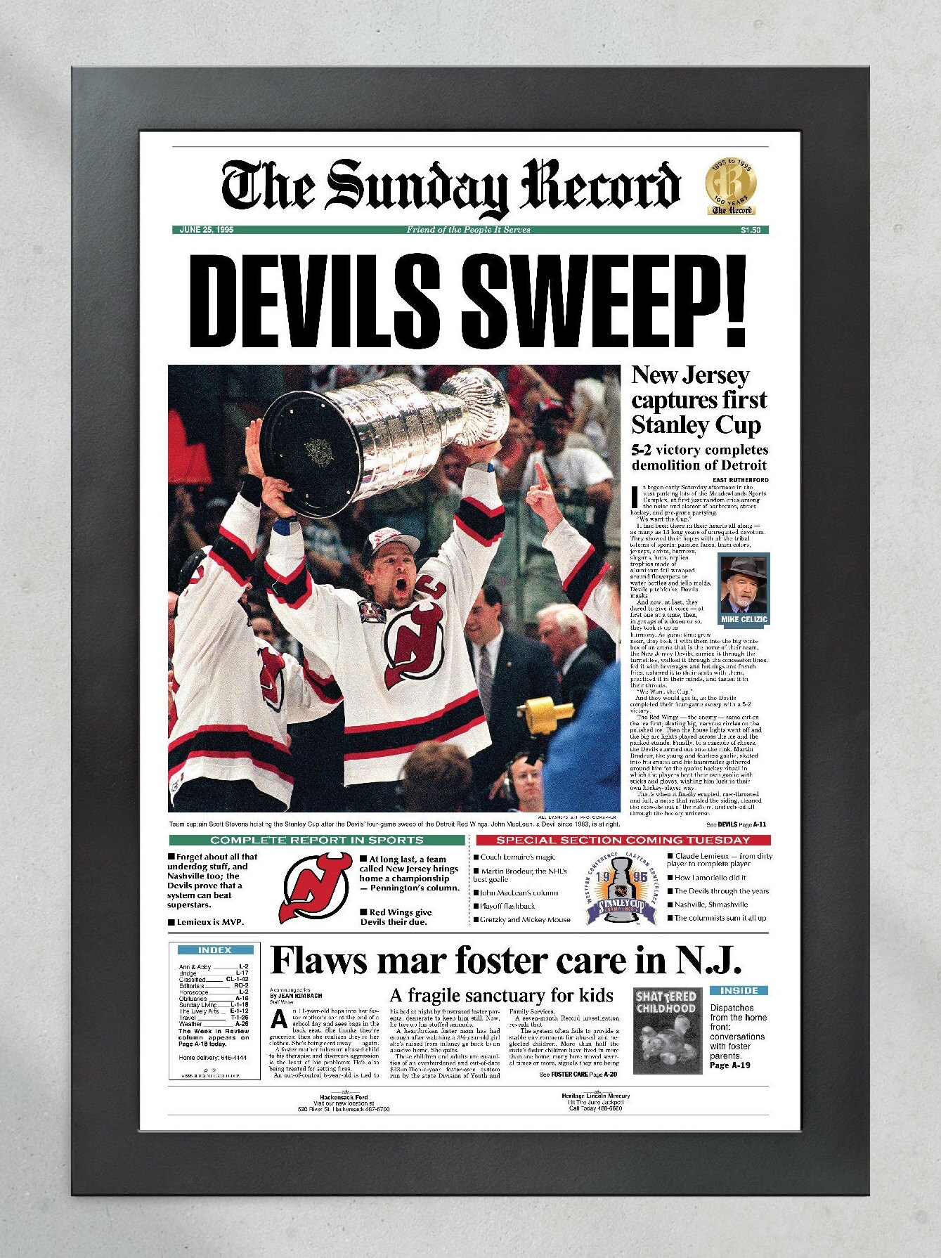 1995 NJ Devils Stanley Cup Champions Framed Newspaper Front 