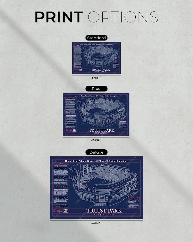 Truist Park Blueprint Prints Showcased in Three Different Sizes.